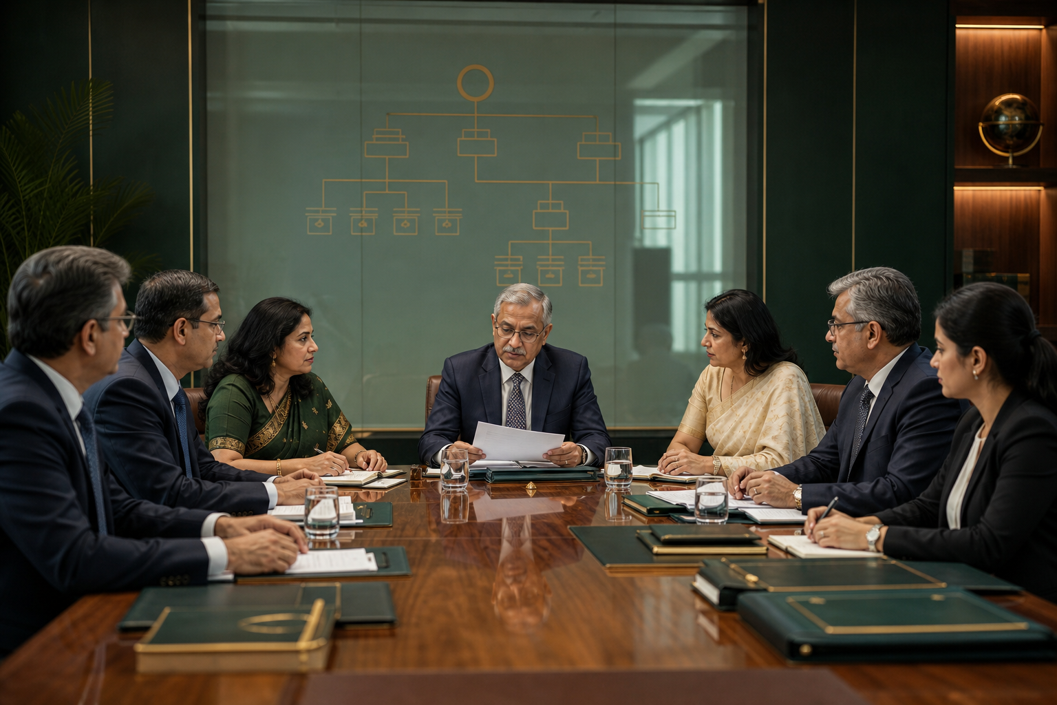 Board members reviewing a corporate governance framework